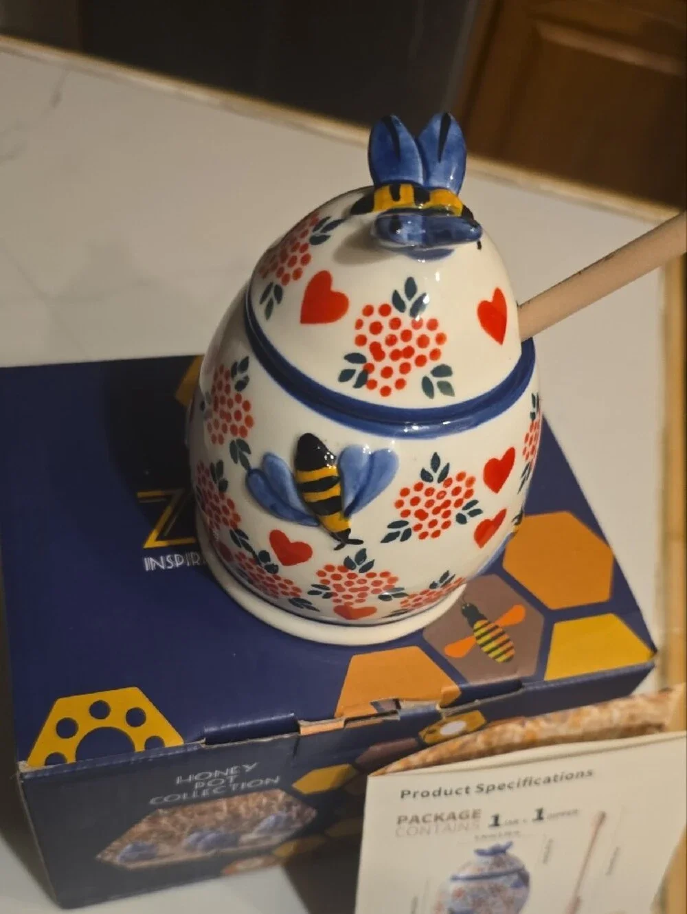 ZOOBEE NWT Ceramic Honey Jar with Blue Accents and Red Heart Motif With Bees